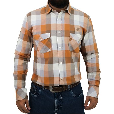 Camisa Manga Longa Sacudido's Masculina - Xadrez Laranja Terra