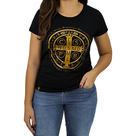 Camiseta SCD Plastisol Feminina - Medalha São Bento - Preto