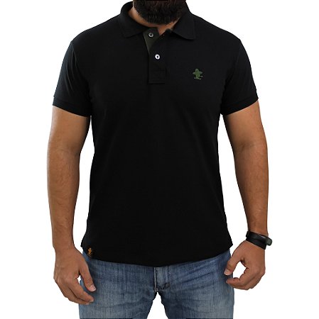 Camiseta Polo Sacudido's - Preto c/ Verde Musgo