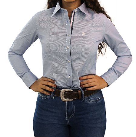 Camisa Manga Longa Sacudido's Feminina Micro Listra - Azul/Branco