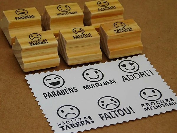 Carimbo Pedagógico com Emojis e Mensagens em Português, 6 Peças