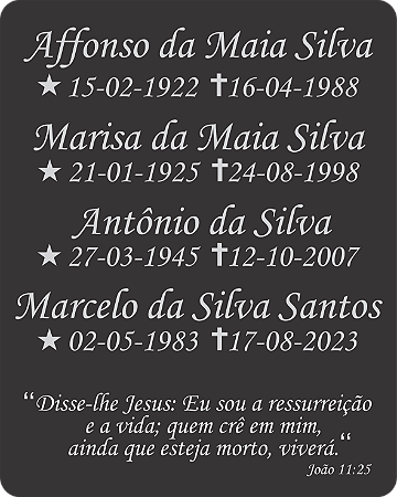 Placa Lápide para Túmulo em ACM 50x40cm 4 nomes e frase