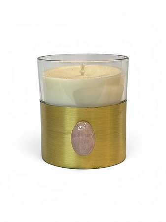 Vela Aromática Latão e Cabochão de Quartzo Rosa