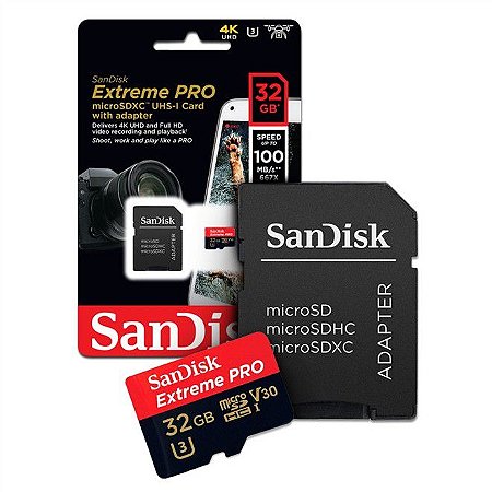 Cartão Microsd 32gb Sandisk Extreme PRO com Adaptador para câmeras GoPro, DJi OSMO Action Cam, SJCam e similares