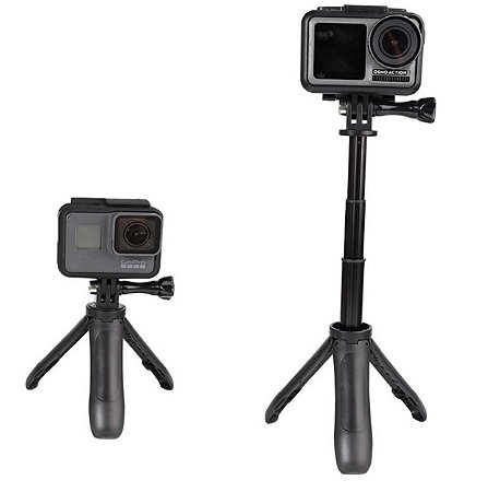 Mini tripé e bastão com tamanho máximo de 23cm, compatível com GoPro, DJi Osmo Action, SJCam, Sony e similares.