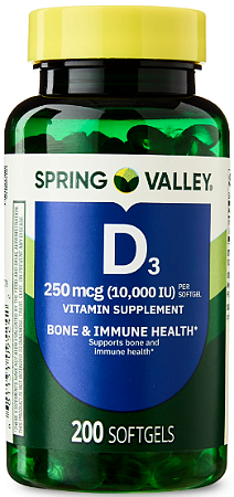 Spring Valley Vitamin D3 Softgels, 250 mcg (10,000 IU)