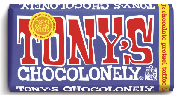 Tony's Chocolonely Dark Milk Chocolate Bar with Pretzel and Toffee