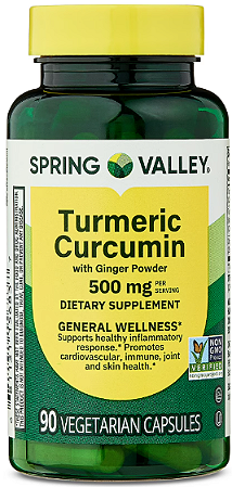 Spring Valley Turmeric Curcumin with Ginger Powder Dietary Supplement Vegetarian Capsules for General Wellness, 500 mg,