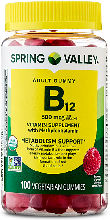 Spring Valley Vitamin B12 Supplement Vegetarian Gummies for Metabolism Support, Raspberry Flavor, 500 mcg
