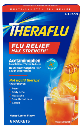 Theraflu Max Strength Cough Cold and Flu Daytime Relief Medicine Powder, Honey Lemon Flavored, 6 Count