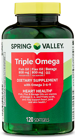Spring Valley Triple Omega, Fish Oil 800mg, Flax Oil 800mg, and Borage Oil Softgels, Heart Health Dietary Supplemen