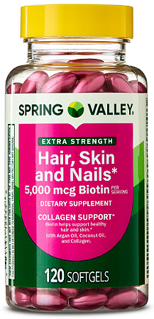 Spring Valley Extra Strength Hair Skin & Nails Collagen Support Softgels, 5000 mcg Biotin