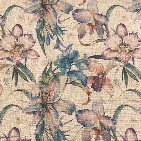 TECIDO LINHO ESTAMPADO ORQUÍDEA -  1000TONS - PREÇO DE 1,0 X 1,35MT