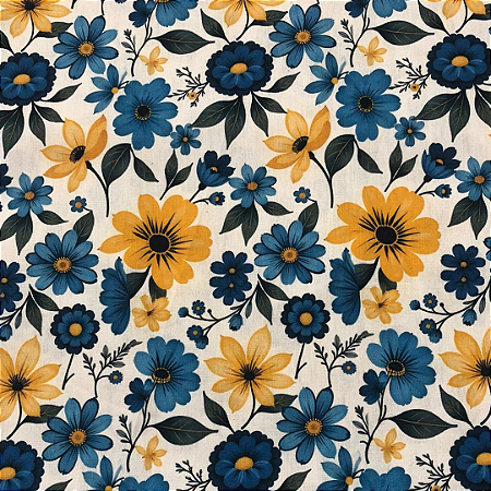 TECIDO 100% ALGODÃO FLORES AZUIS E AMARELAS - PREÇO 0,50 X 1,50MT