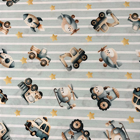 TECIDO 100% ALGODÃO DIGITAL CARRINHOS NO ESPAÇO - PREÇO DE 0,50 X 1,50MT