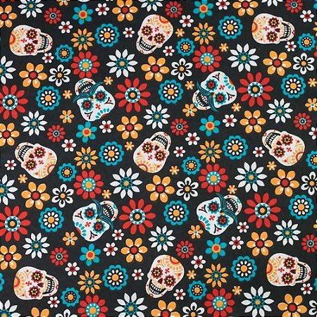 TECIDO 100% ALGODÃO- DOHLER - CAVEIRA COLORIDA FUNDO PRETO - PREÇO DE 0.50 x 1,50
