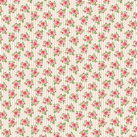 TECIDO 100% ALGODÃO FABRICART- SHABBY CHIC-ROSAS EM FUNDO LISTRADO CREME- PREÇO DE 0.50 x 1,50