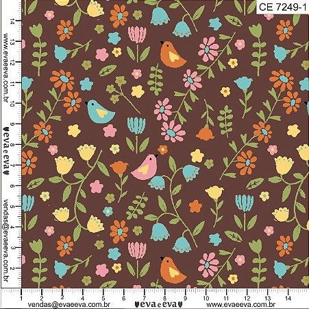 TECIDO 100% ALGODÃO EVA E EVA -COLEÇÃO  PÁSCOA - FLORAL FUNDO MARROM -PREÇO DE 0.50 x 1,50