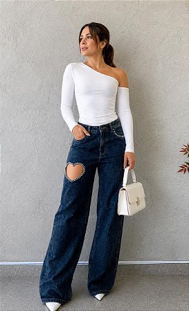 Calça Wide Leg Coração Jeans Escura