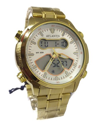 Relógio Atlantis G3448 Anadigi Dourado Fundo Branco