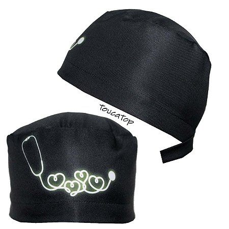 Gorro Cirúrgico, Estetoscópio Verde Neon com Corações, Preto