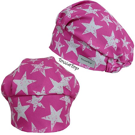 Touca Cirúrgica Feminina, Estrelas Brancas Grunge, Rosa Pink