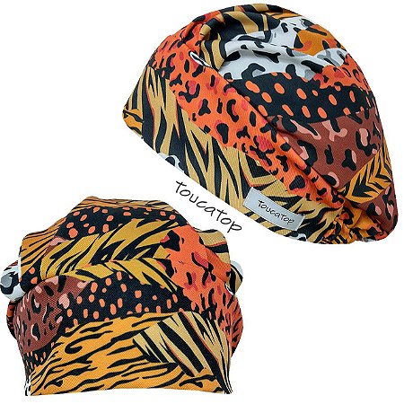 Touca Cirúrgica Feminina, Animal Print África, Coleção Étnica, Laranja