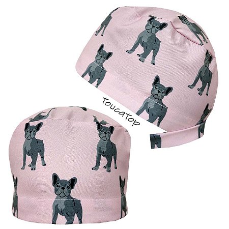 Gorro Cirúrgico, Bulldog Francês Cinza, Rosa Bebê