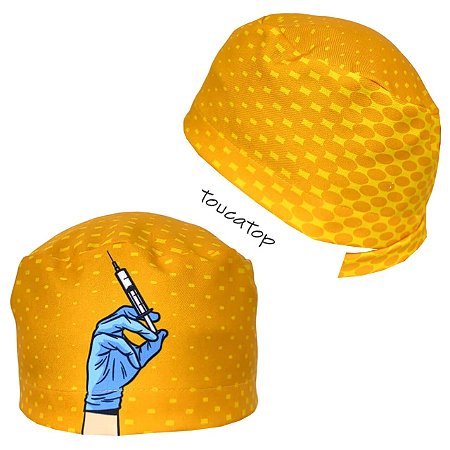 Gorro Cirúrgico, Seringa na Mão Luva Azul, Amarelo Laranja