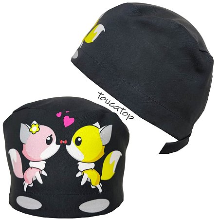 Gorro Cirúrgico, Raposinhas Rosa e Amarela, Raposas, Preto