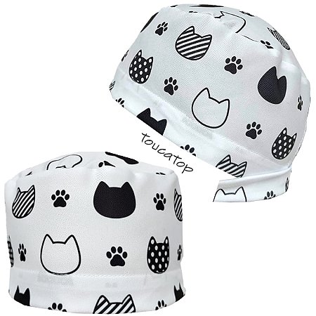 Gorro Cirúrgico, Patinhas e Símbolos Desenhados de Gatinhos, Branco