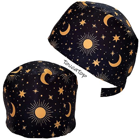 Gorro Cirúrgico, Estrelas, Lua, Sol, Ouro Velho, Preto