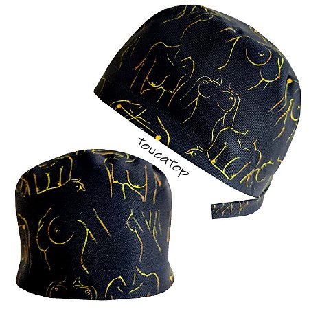 Gorro Cirúrgico, Silhuetas Mulher Traços Amarelos, Seios Mama, Preta