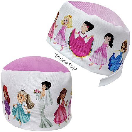 Gorro Cirúrgico Desenhos Princesas, Topo Rosa Degradê, Frontal Branco