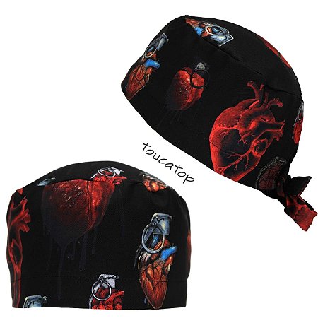 Gorro Cirúrgico, Coração Vermelho Granada, Preto