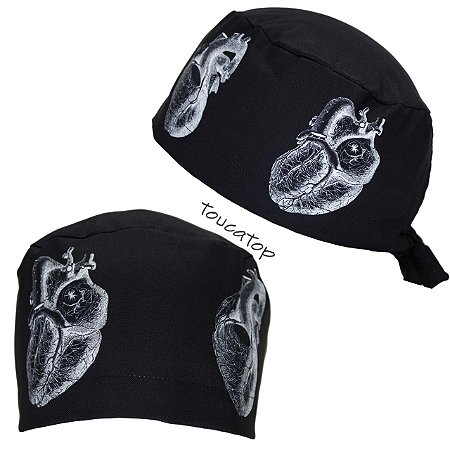 Gorro Cirúrgico, Coração Branco, Frontal e Lateral, Preto