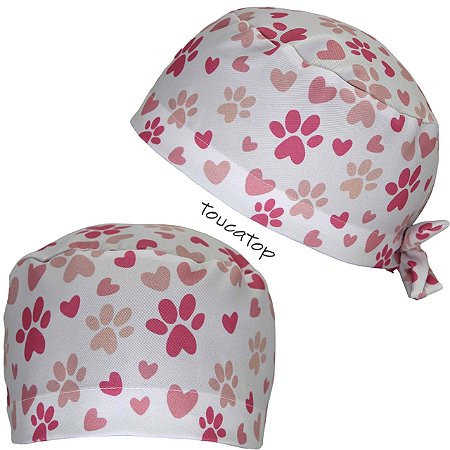 Gorro Cirúrgico, Patinhas e corações Rosa, Pink, Branco