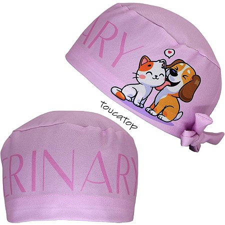 Gorro Cirúrgico, Veterinary, Cachorrinho Lambendo Gatinho, Pink