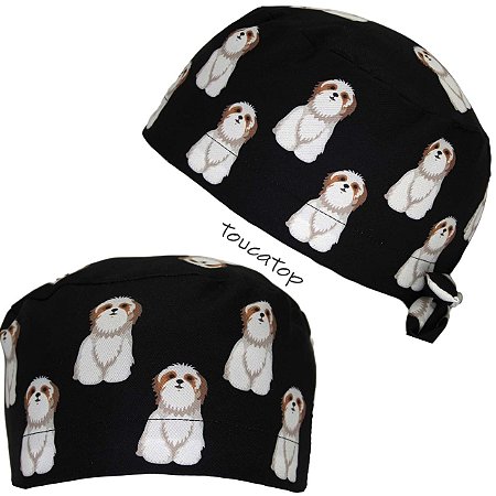 Gorro Cirúrgico, Vários Shih-Tzu de Frente Espalhados, Preto