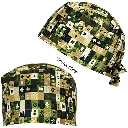 Gorro Cirúrgico, Camuflado Quadrado Pixelado, Tons de Verde