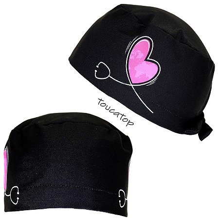 Gorro Cirúrgico, Estetoscópio Branco Corações Rosa Laterais, Preto