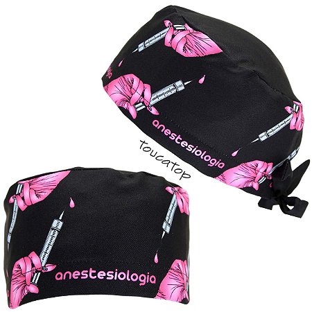 Gorro Cirúrgico, Anestesiologia ,Seringa na Mão com Luva Pink, Preto