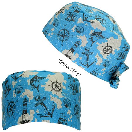 Gorro Cirúrgico, Mar, Âncora, Bússola, Navio, Peixe, Fárol, Azul