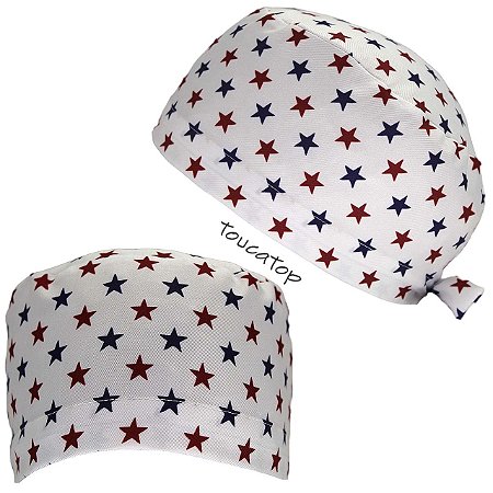 Gorro Cirúrgico, Estrelas Vermelhas e Azuis, Branco