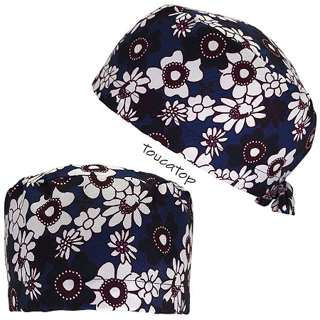 Gorro Cirúrgico, Flores Variadas Roxas e Brancas, Azul