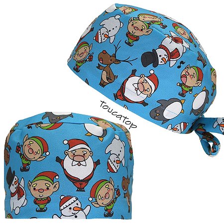 Gorro Cirúrgico, Natal, Noel, Rena, Duende, Boneco de Neve, Azul