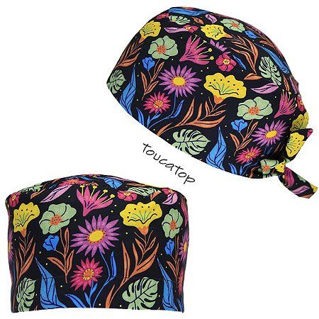 Gorro Cirúrgico, Jardim Florido Primavera, Varias Flores, Preto