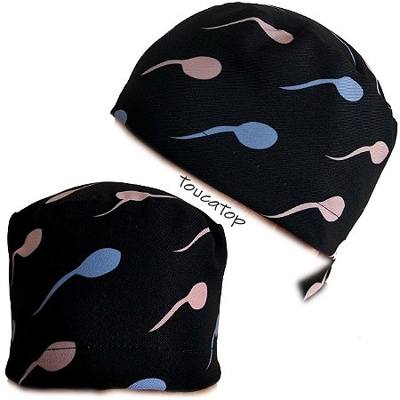 Gorro Cirúrgico, Espermatozoides Rosa e Azuis, Cores Suaves, Preto