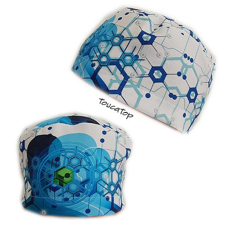 Gorro Cirúrgico, Corpos e Moléculas Hexagonais Azuis com Verde, Branco