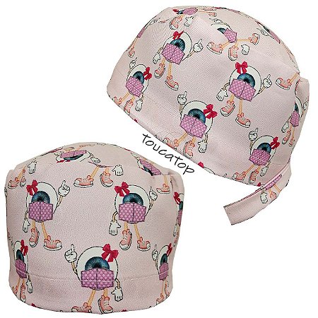 Gorro Cirúrgico, Olhos com Mãos e Pes, com Laços, Rosa Bebê